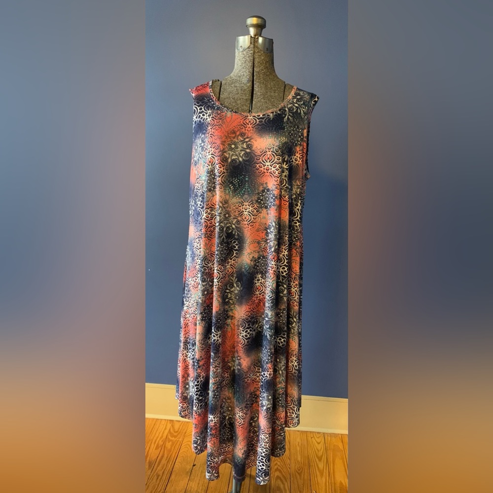 Beautiful wrinkle resistant blue and coral maxi dress